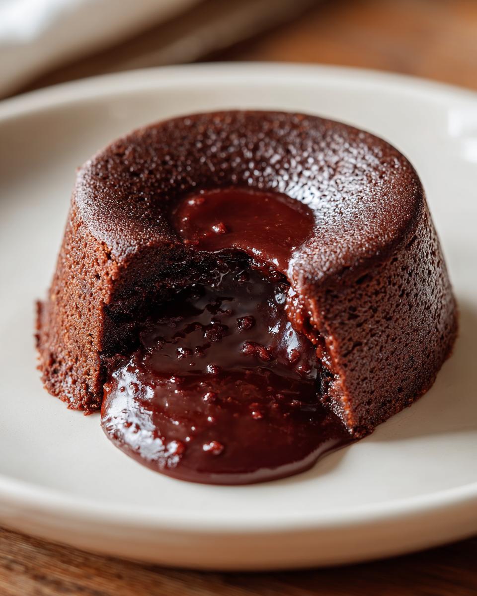 Close-up of a warm chocolate pudding lava cake with molten center oozing out onto a white plate.