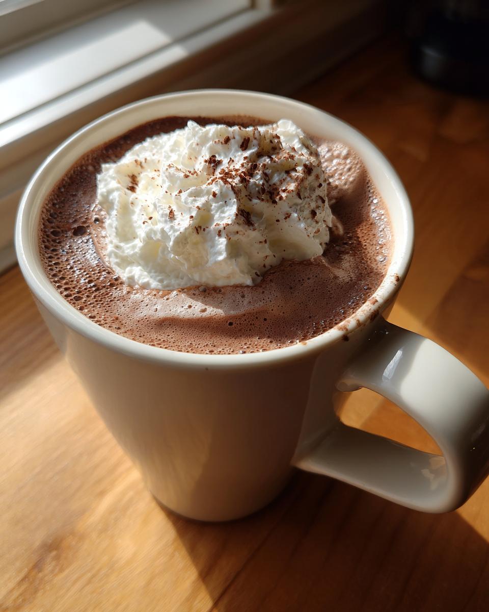 Close-up of a mug filled with rich homemade hot cocoa topped with a dollop of whipped cream and cocoa powder.