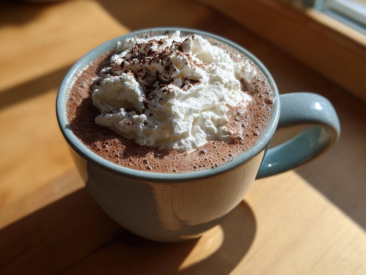 A close-up of a mug filled with rich homemade hot cocoa, topped generously with whipped cream and chocolate shavings.