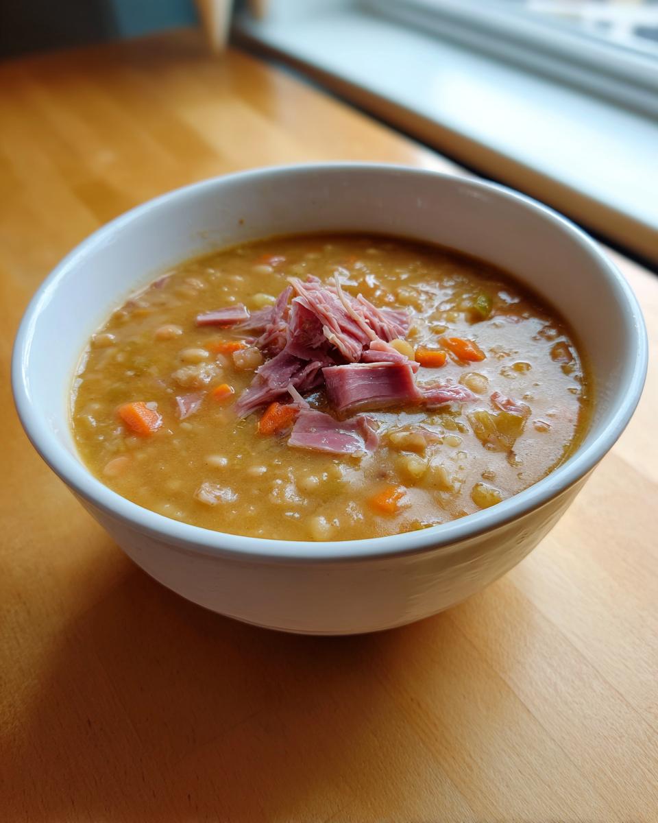 A white bowl filled with thick, creamy navy bean soup topped with shredded ham and diced carrots.