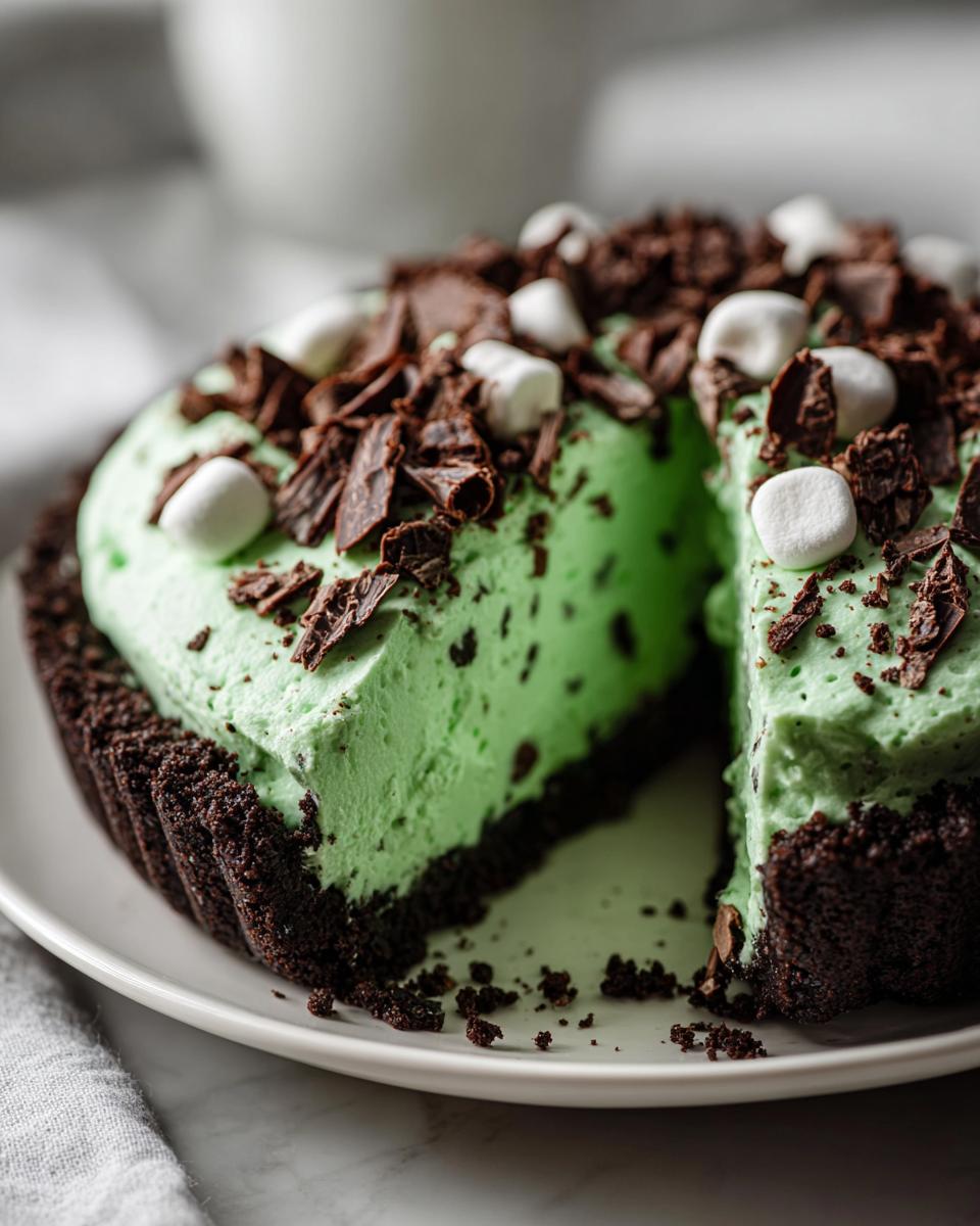 A slice removed from a creamy, bright green grasshopper pie with a dark chocolate crust, topped with chocolate shavings and mini marshmallows.