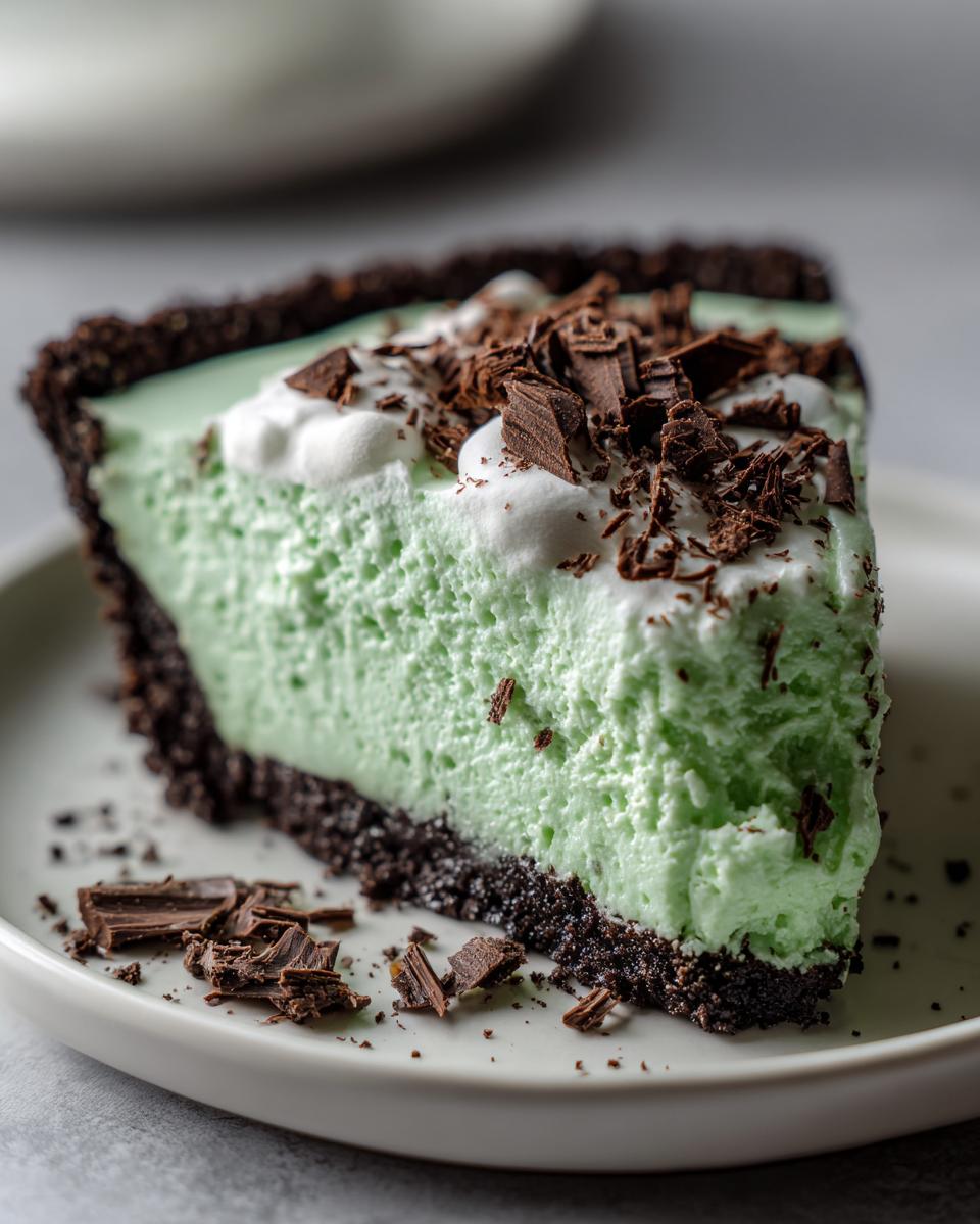 Close-up of a slice of light green, creamy no-bake grasshopper pie with a dark chocolate crust and topped with whipped cream and chocolate shavings.