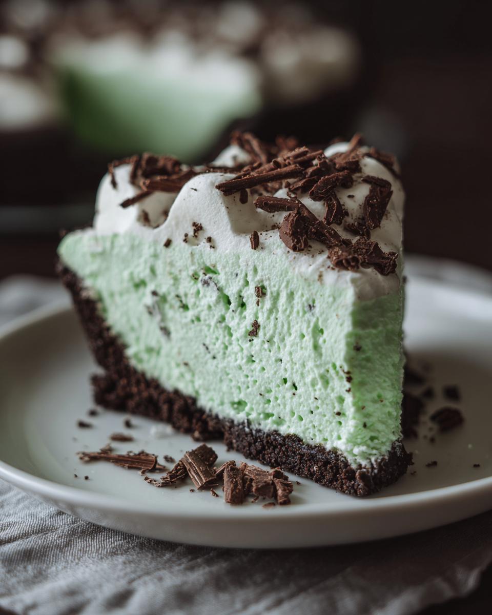 A close-up of a slice of light green, creamy grasshopper pie with a dark chocolate crust, topped with whipped cream and chocolate shavings.