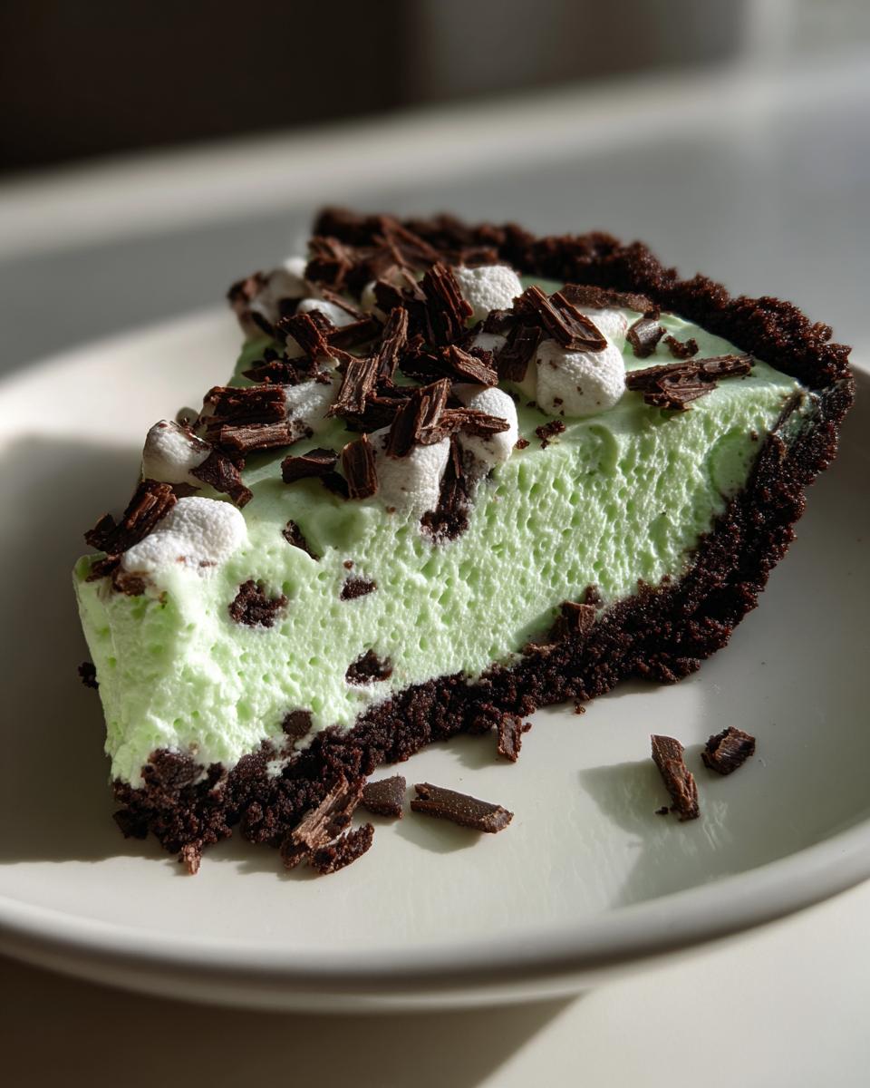 A close-up slice of bright green no-bake grasshopper pie with a dark chocolate crust, topped with mini marshmallows and chocolate shavings.