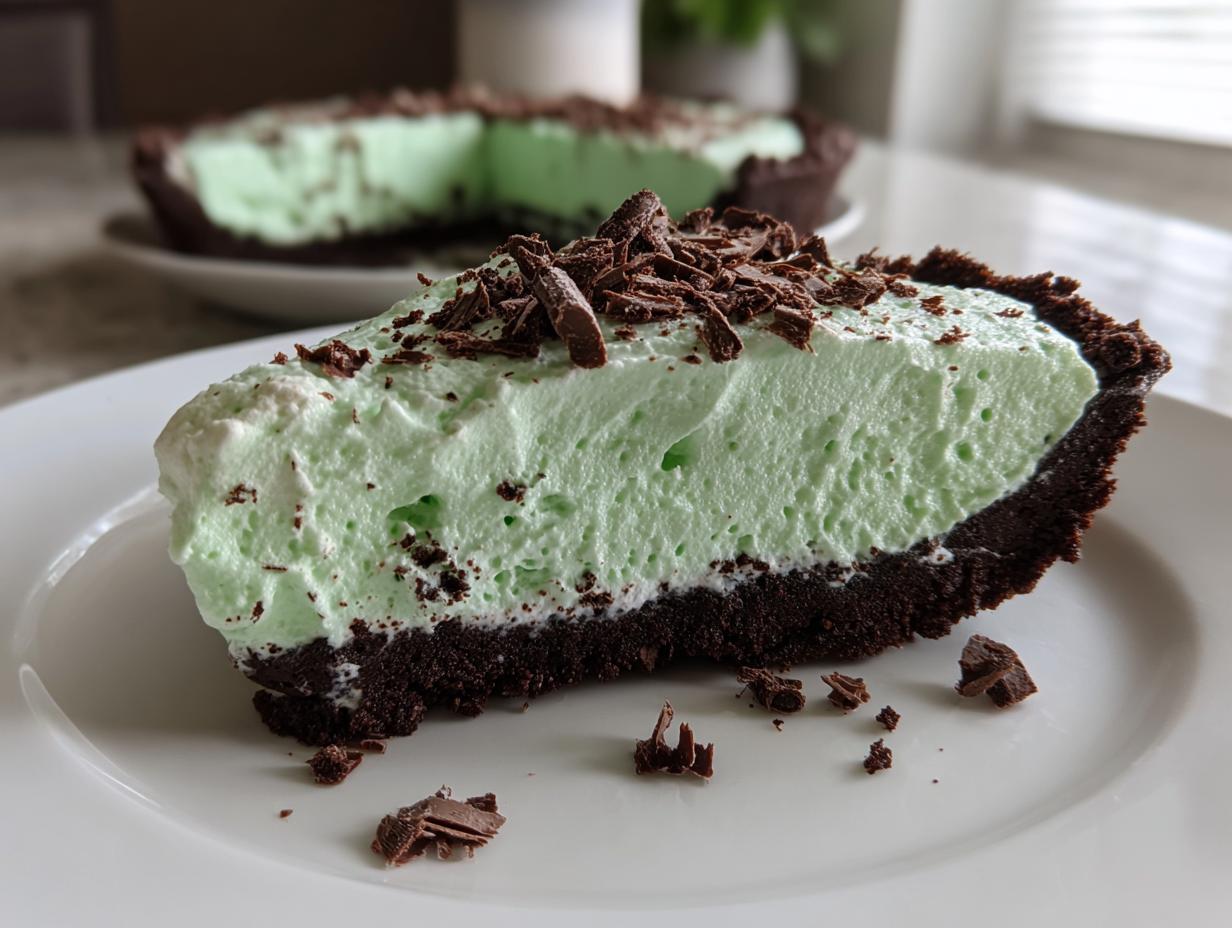 A close-up slice of no-bake grasshopper pie featuring a thick, light green filling and dark chocolate crust, topped with chocolate shavings.