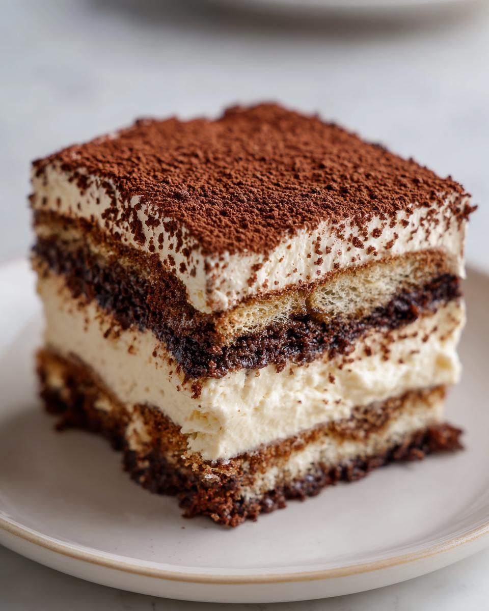 Close-up of a perfect square slice of no bake tiramisu cheesecake layered with cream and coffee-soaked cake, topped with cocoa powder.