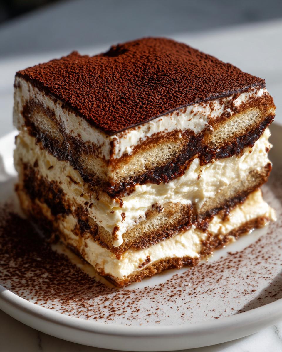 A perfect square slice of no bake tiramisu cheesecake layered with cream and coffee-soaked ladyfingers, topped generously with cocoa powder.