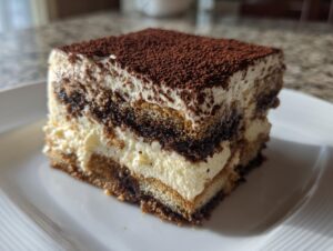 Close-up of a rich slice of no bake tiramisu cheesecake layered with cream and coffee-soaked cake, dusted heavily with cocoa powder.