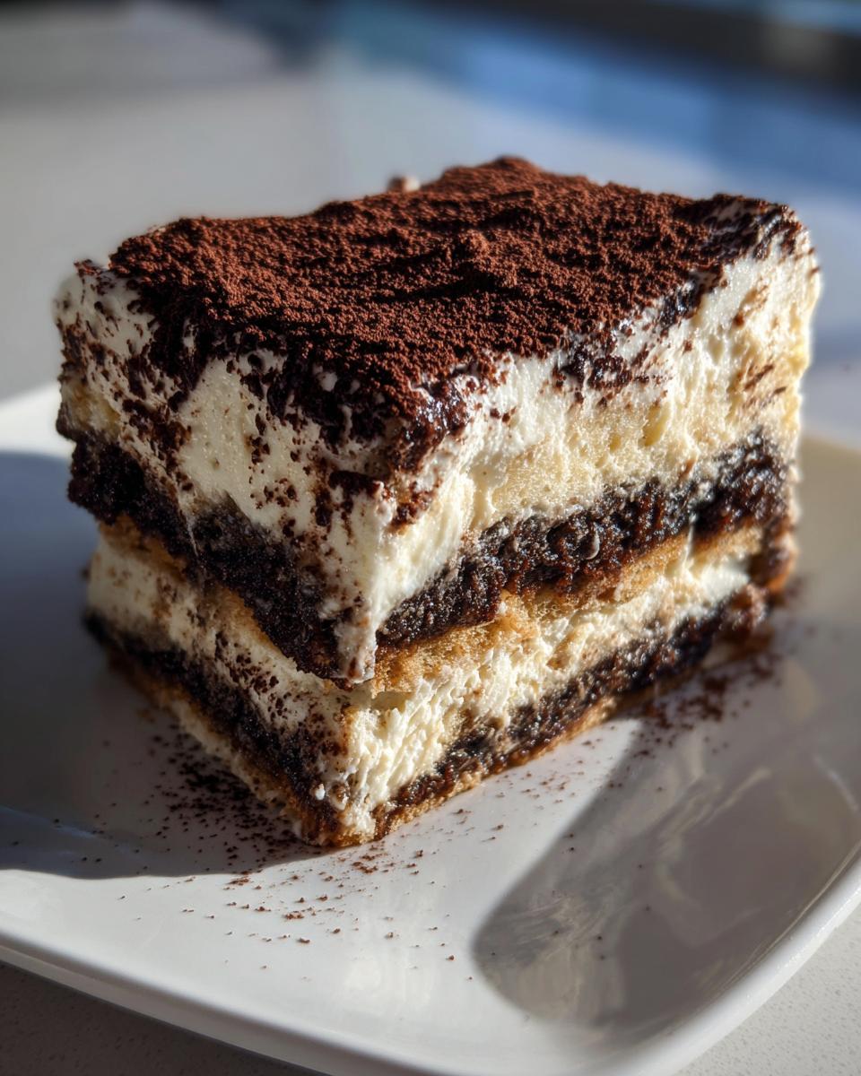 A perfect square slice of no bake tiramisu cheesecake layered with cream and coffee-soaked cake, topped heavily with cocoa powder.