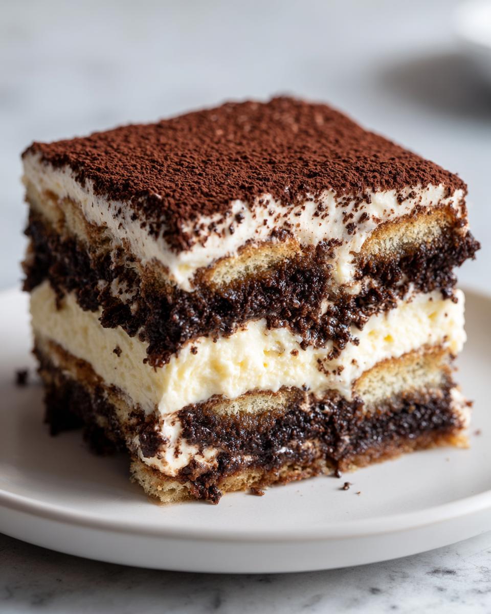 Close-up of a decadent slice of no bake tiramisu cheesecake layered with cream and coffee-soaked biscuits, topped with cocoa powder.