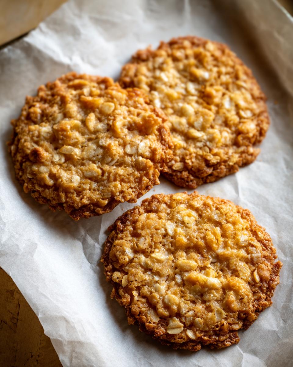 Close-up of three golden brown, lacy oatmeal lace cookies resting on white parchment paper.