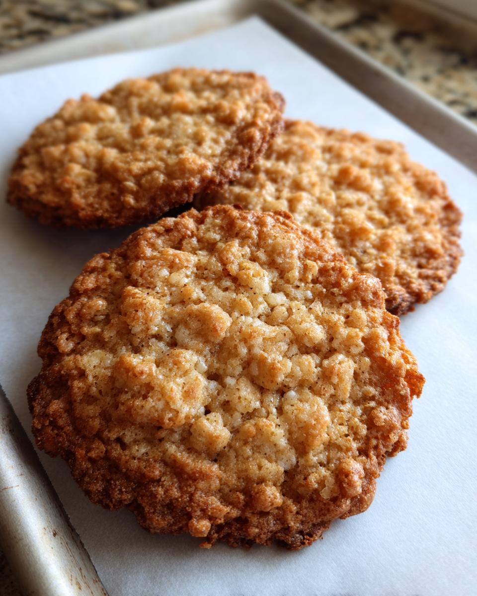 Close-up of three golden brown, textured oatmeal lace cookies resting on parchment paper on a baking sheet.