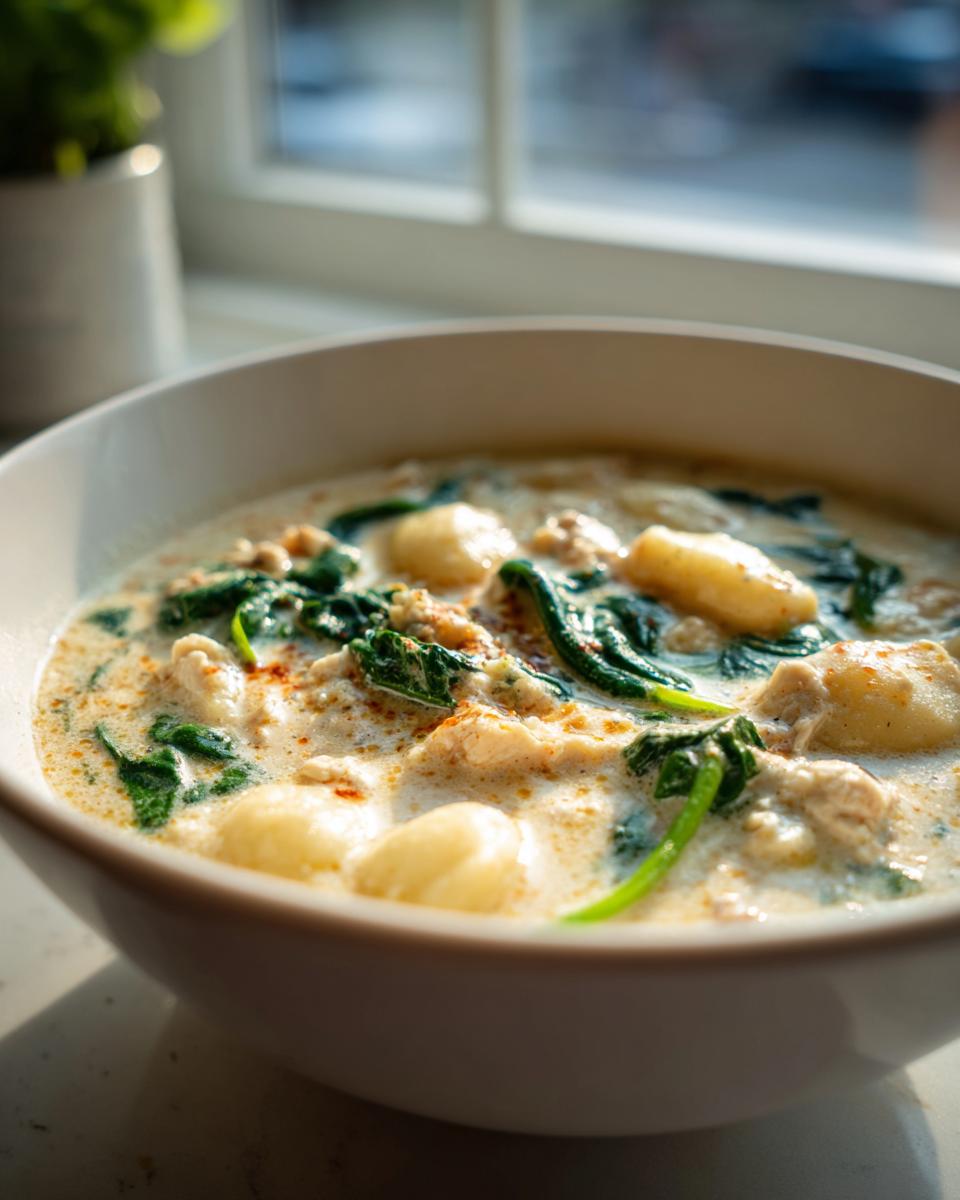 Close-up of a bowl of creamy Olive Garden Chicken Gnocchi Soup, featuring gnocchi, chicken, and spinach.