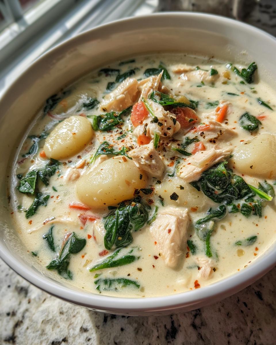 Close-up of a bowl of creamy olive garden chicken gnocchi soup, featuring tender chicken, spinach, and potato gnocchi.