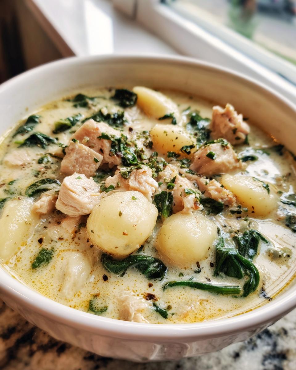 Close-up of a bowl of creamy olive garden chicken gnocchi soup with chunks of chicken, spinach, and potato gnocchi.