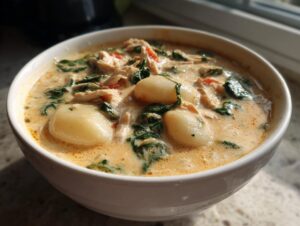 Close-up of a hearty bowl of olive garden chicken gnocchi soup featuring plump gnocchi, shredded chicken, and spinach in a creamy broth.