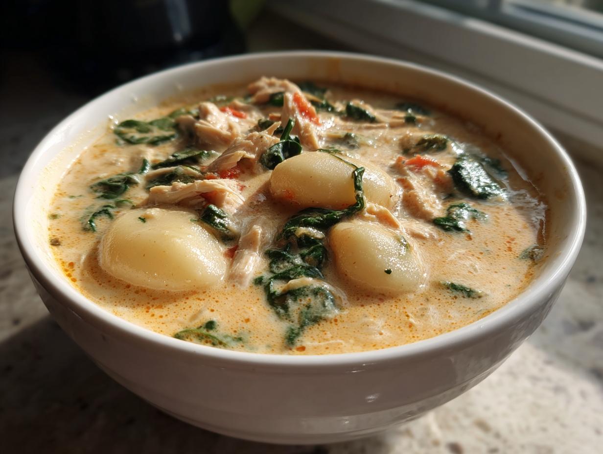 Close-up of a hearty bowl of olive garden chicken gnocchi soup featuring plump gnocchi, shredded chicken, and spinach in a creamy broth.
