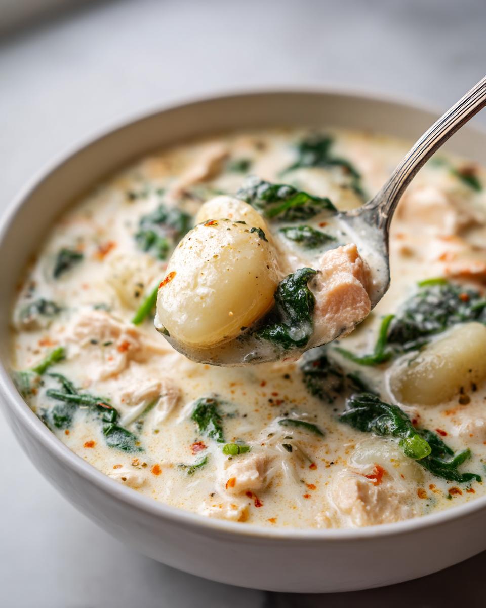 A spoonful of creamy olive garden chicken gnocchi soup showing a potato gnocchi, chicken, and spinach.