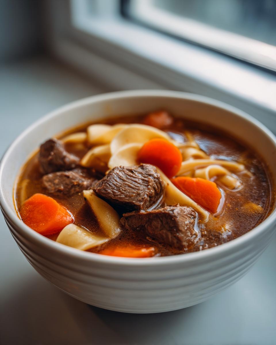 Close-up of a white bowl filled with rich beef noodle soup, featuring chunks of beef, wide noodles, and bright orange carrots.