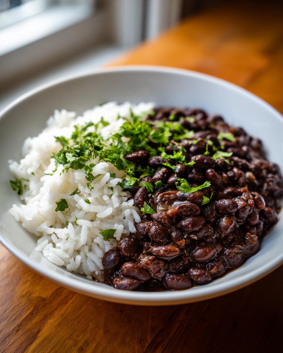 A white bowl filled with fluffy white rice and rich black beans and rice, topped with fresh cilantro.