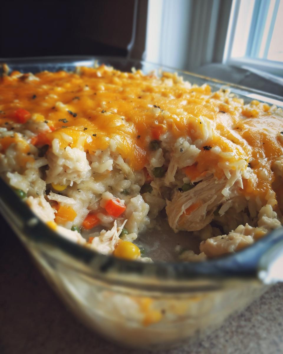 A close-up of a comforting chicken and rice casserole topped with melted cheddar cheese in a glass baking dish.