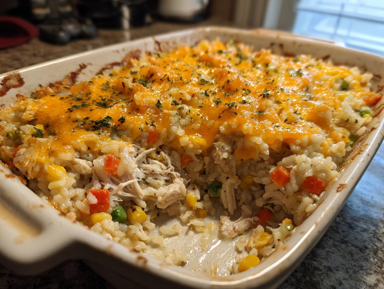 Close-up of a baked one-pot chicken and rice casserole topped with melted cheddar cheese and parsley.