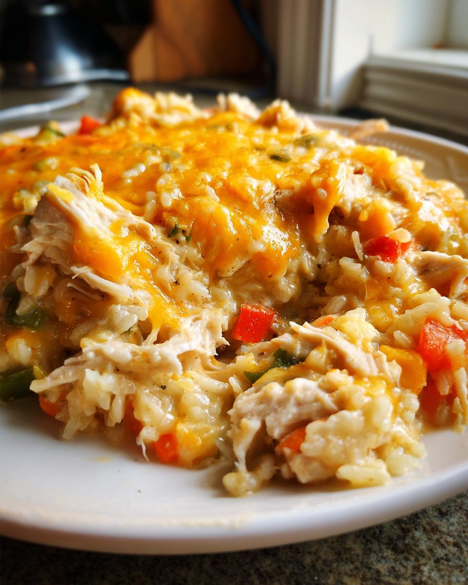 A close-up of creamy, cheesy chicken and rice mixed with diced peppers, served on a white plate.