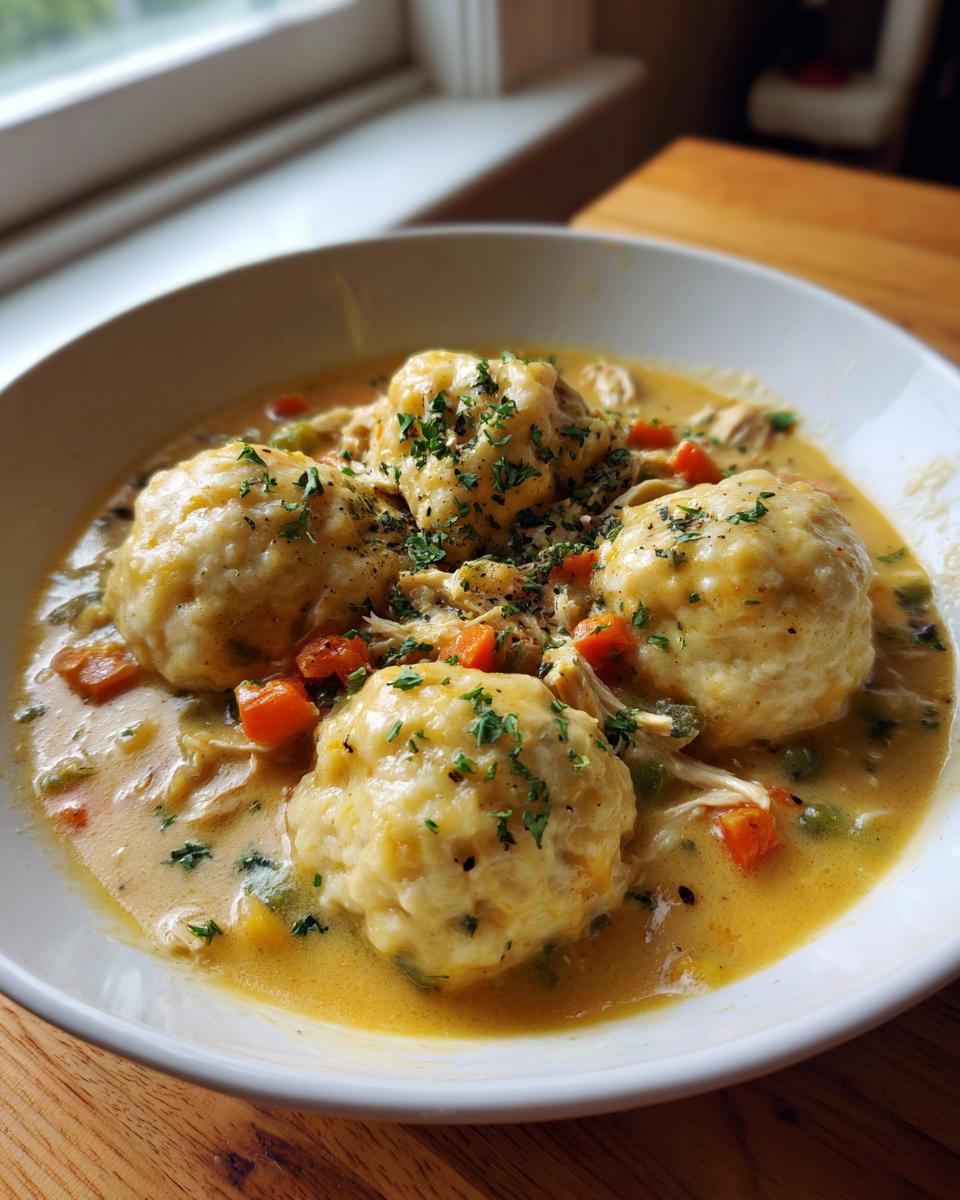 Close-up of a bowl of creamy gluten free chicken and dumplings topped with fresh parsley.