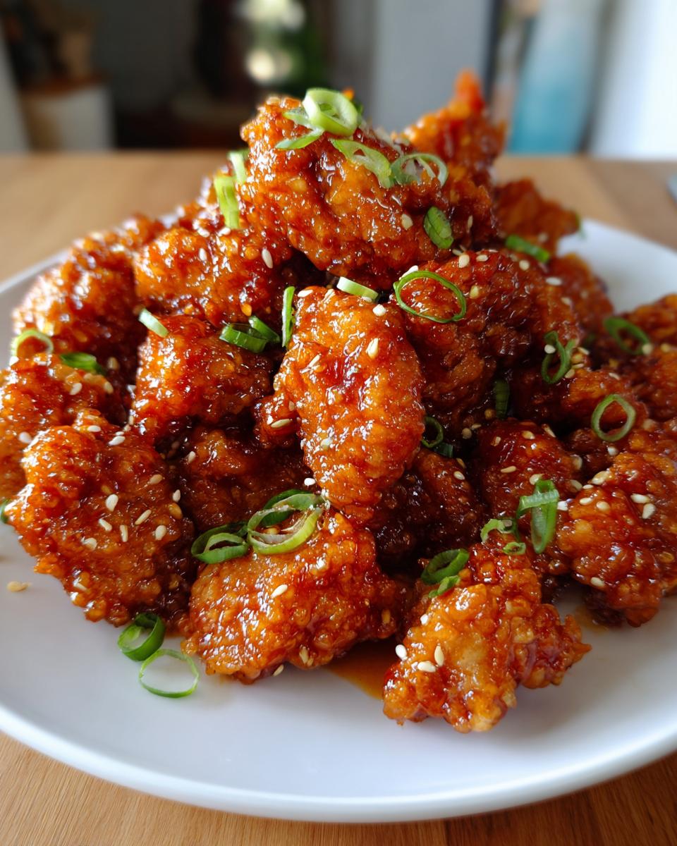 A pile of crispy, glazed pieces from an orange chicken recipe, garnished with sesame seeds and sliced green onions.