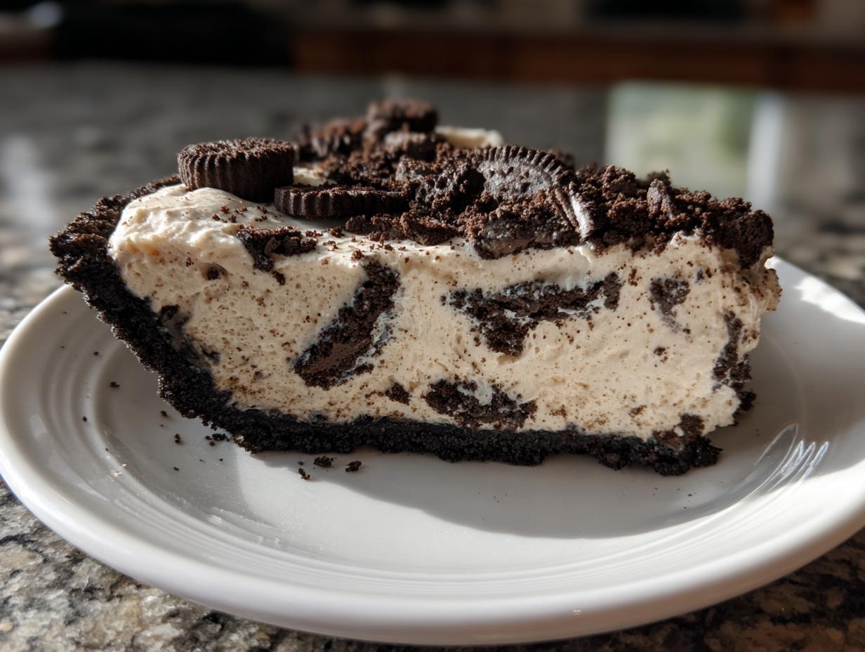 A thick slice of creamy, no-bake Oreo pie with chunks of cookie mixed in, served on a white plate.