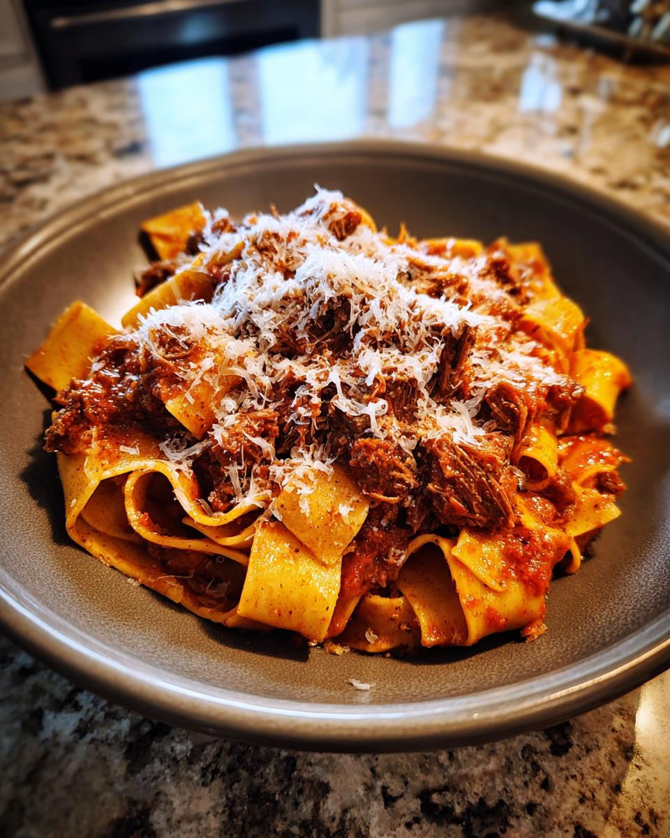 A close-up of pappardelle pasta generously topped with rich beef ragu and grated Parmesan cheese.