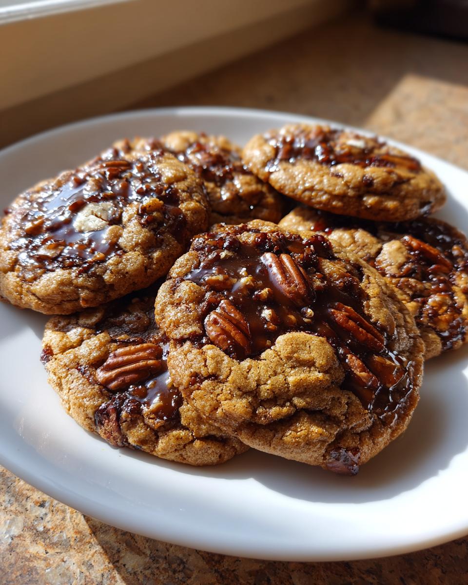 A stack of freshly baked pecan pie cookies topped with glossy caramel and whole pecans, sitting on a white plate.