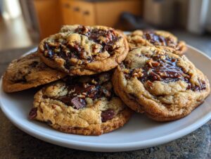 A stack of freshly baked pecan pie cookies featuring gooey melted chocolate centers and chopped pecans.
