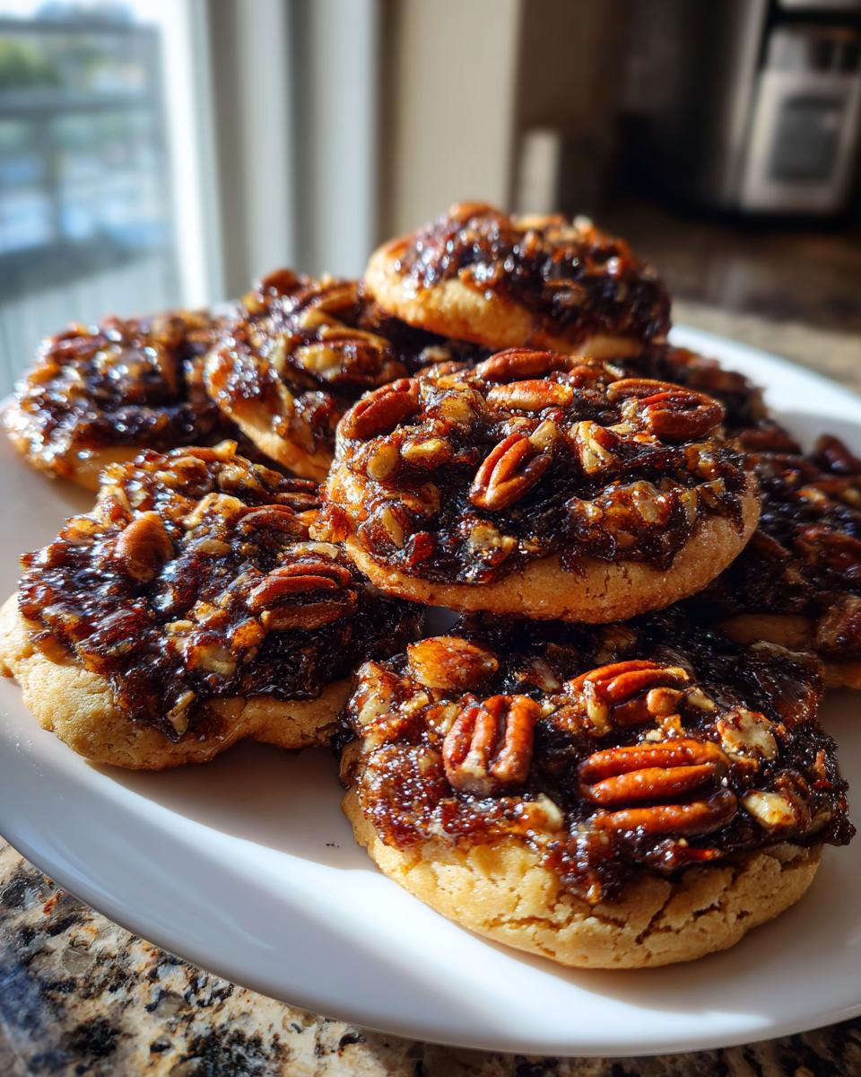 A pile of freshly baked pecan pie cookies with a sticky, caramelized pecan topping, sitting on a white plate.