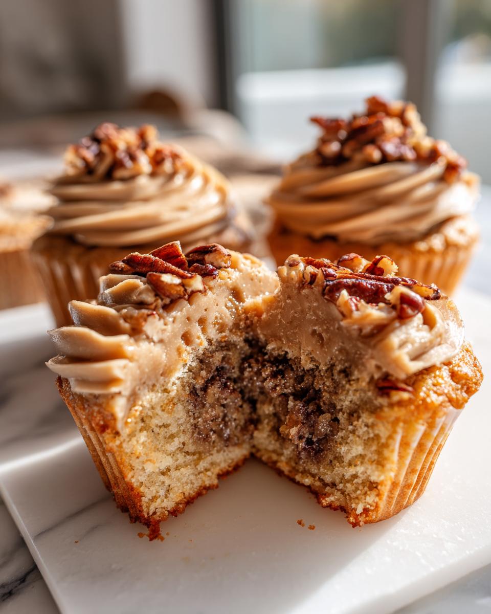 A pecan pie cupcakes cut in half showing the filling, topped with caramel frosting and chopped pecans.