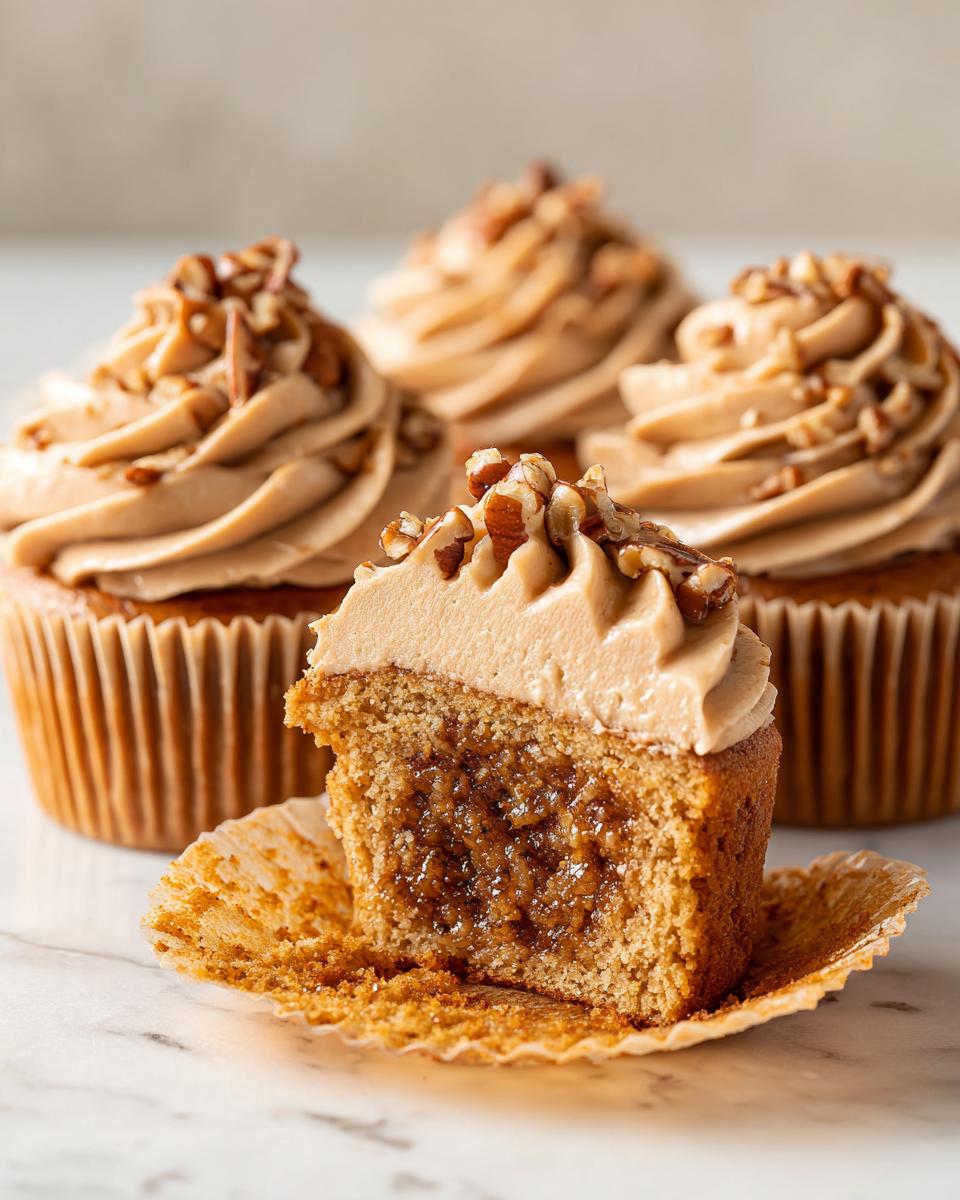 A close-up of a pecan pie cupcake cut in half showing the gooey filling, topped with pecan frosting and chopped pecans.