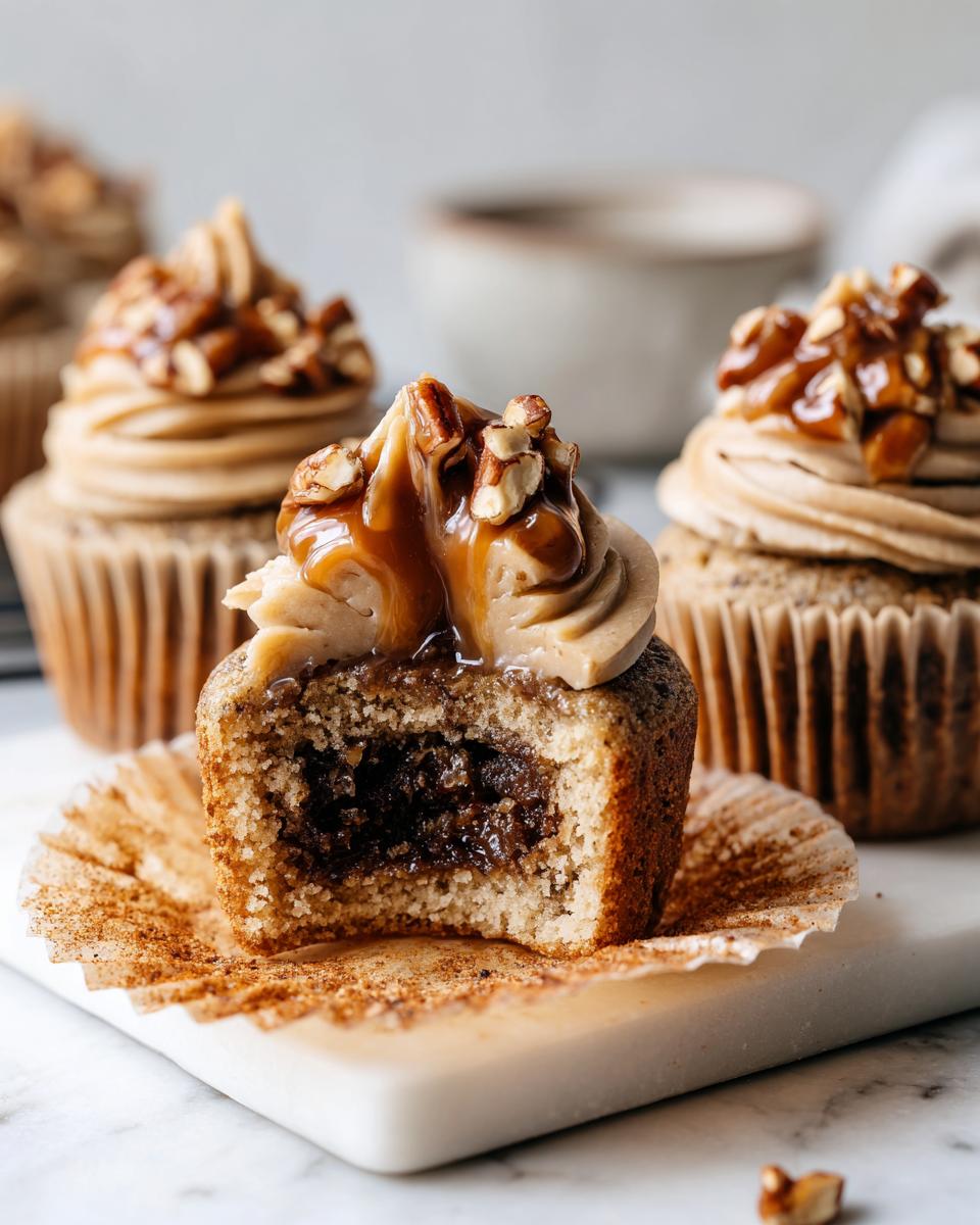 A pecan pie cupcakes is cut in half showing the gooey filling, topped with caramel frosting and chopped pecans.