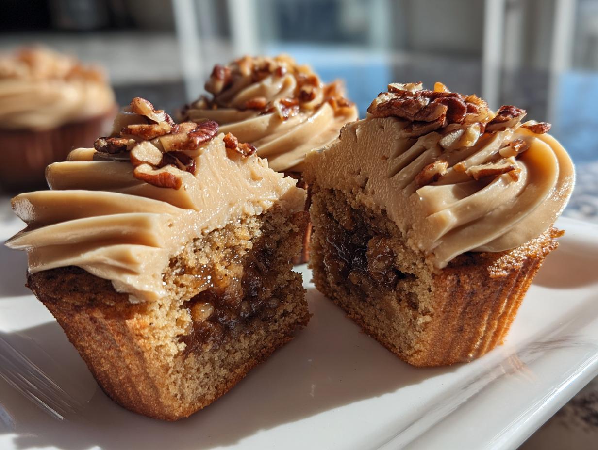 A pecan pie cupcake cut in half showing the filling, topped with caramel frosting and chopped pecans. Delicious pecan pie cupcakes.