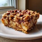 A close-up of a hearty slice of baked oatmeal topped with pecans, showing layers of oats and fruit filling.
