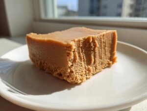 A close-up, sunlit square piece of light brown penuche fudge resting on a white plate.