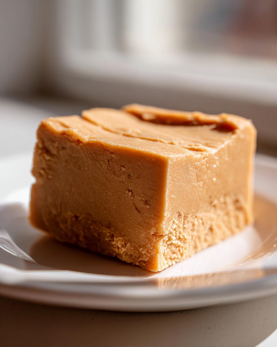 A close-up, sunlit square of creamy, light brown penuche fudge resting on a white plate.