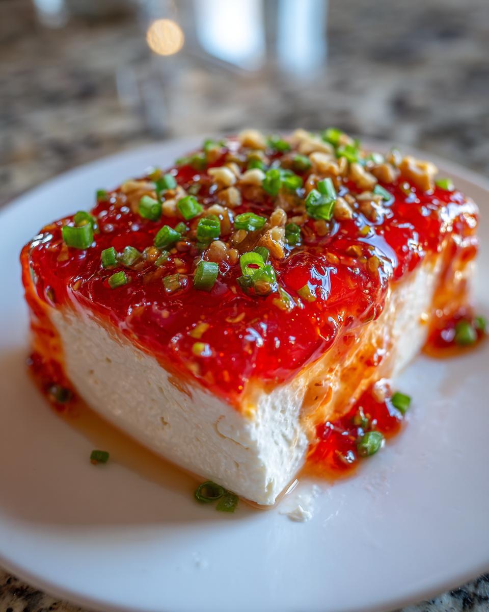 Close-up of a block of cream cheese covered in bright red pepper jelly cheese dip, topped with chopped nuts and green onions.