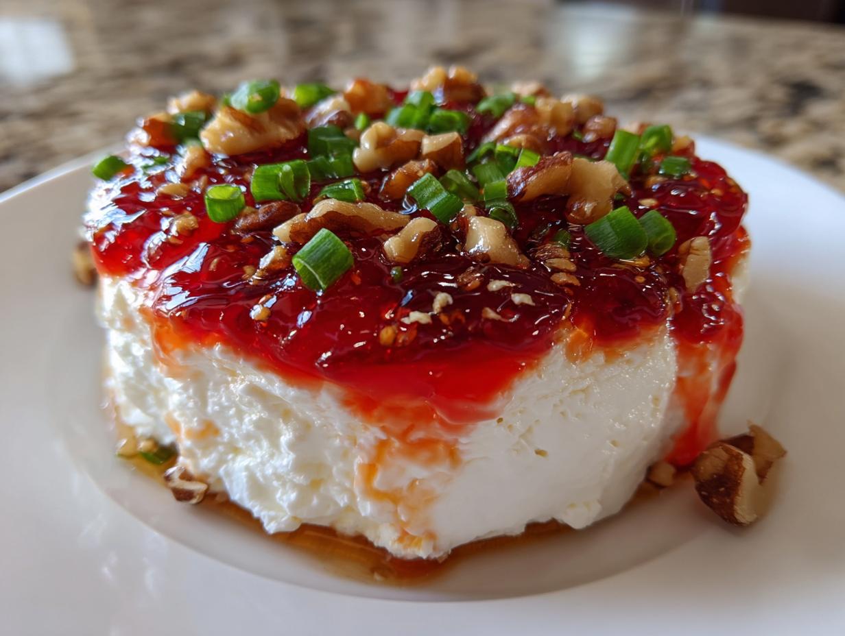 A close-up of a block of cream cheese topped with glossy red pepper jelly cheese dip, chopped walnuts, and green onions.