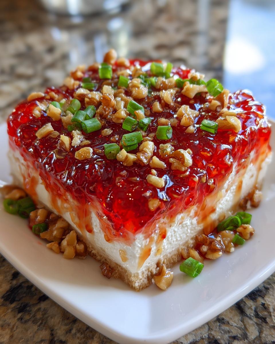A square serving of pepper jelly cheese dip topped with bright red jelly, chopped walnuts, and green onions.