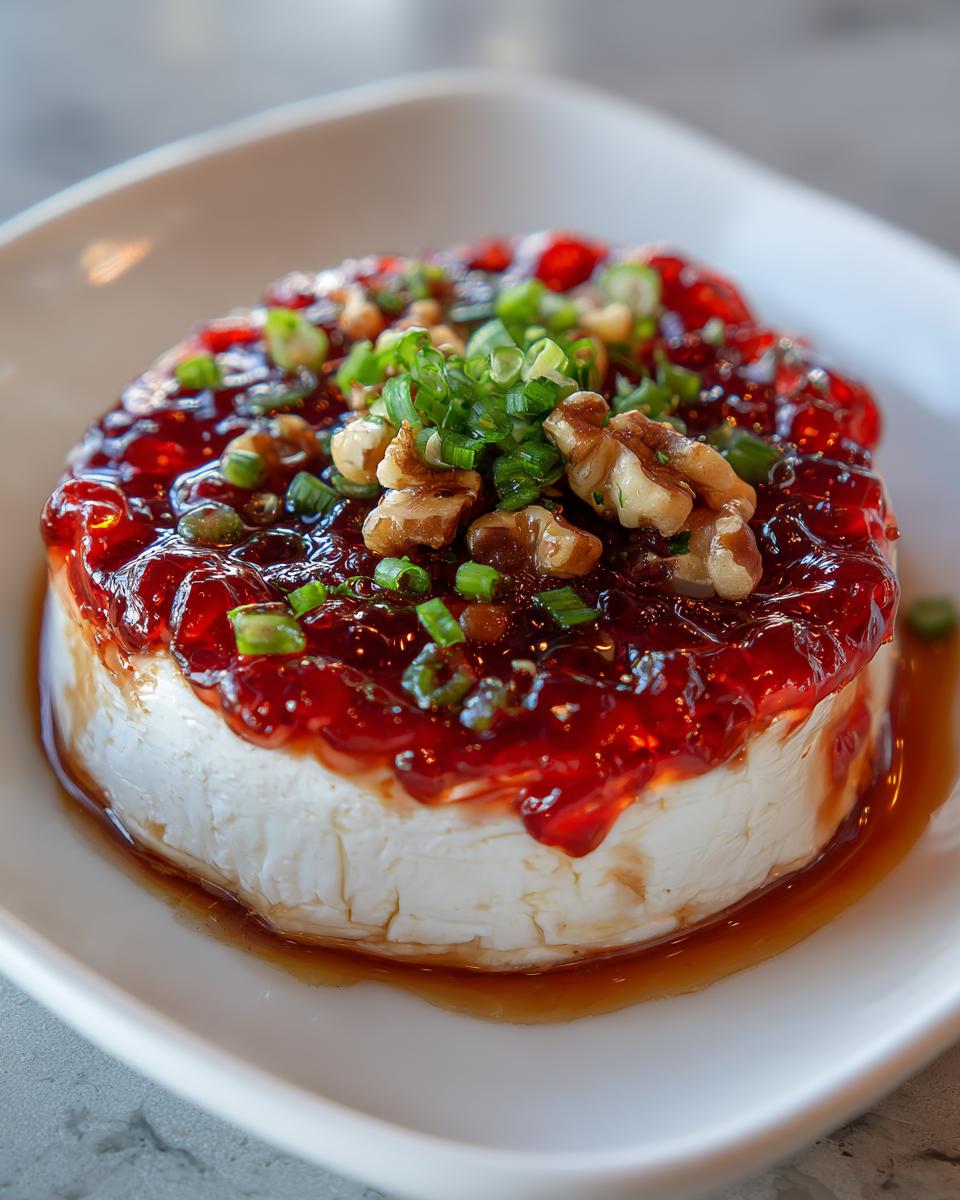 A round of cream cheese topped with glistening red pepper jelly, chopped walnuts, and green onions, ready to serve as a pepper jelly cheese dip.
