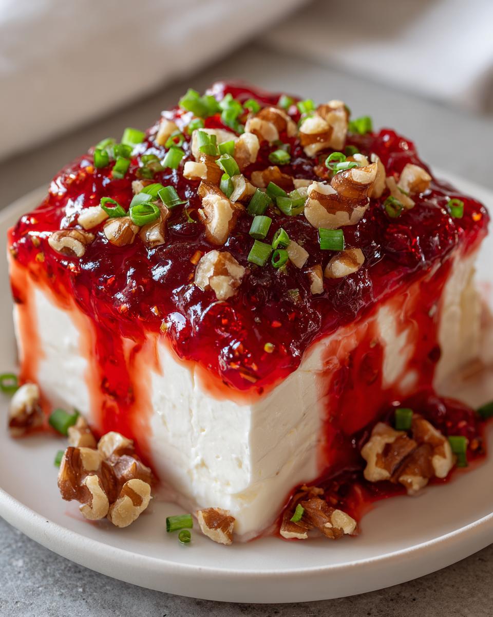A block of cream cheese topped with bright red pepper jelly cheese dip, chopped walnuts, and green chives.
