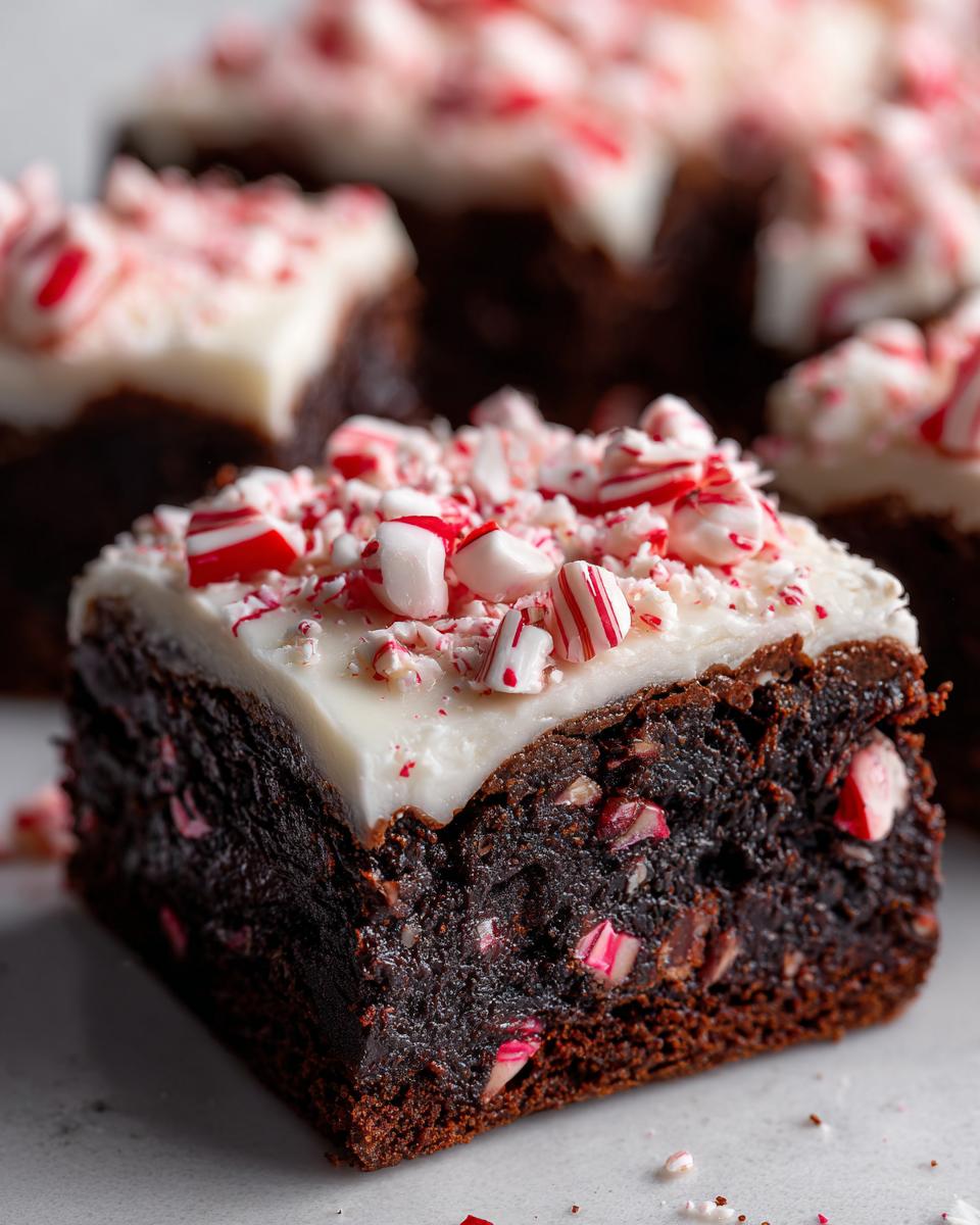 A rich, fudgy square of peppermint brownies topped with white frosting and crushed candy canes.