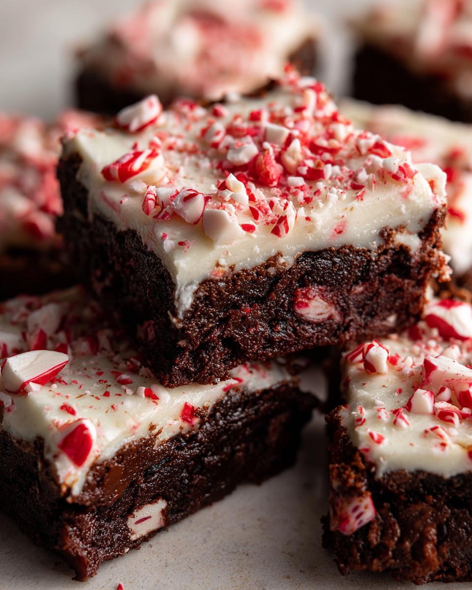 Close-up of rich, fudgy peppermint brownies stacked, topped with white frosting and crushed candy canes.