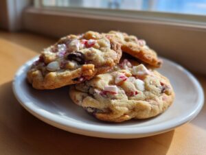 Three freshly baked peppermint chocolate chip cookies piled on a small white plate near a window.