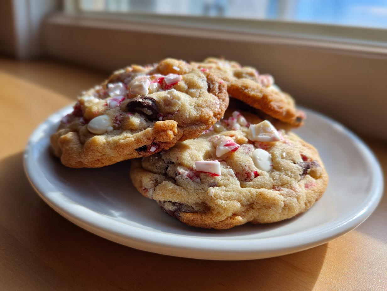 Three freshly baked peppermint chocolate chip cookies piled on a small white plate near a window.